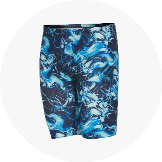 Men's swim jammers with a blue and black abstract wave pattern. Ideal for competitive swimming and training sessions.