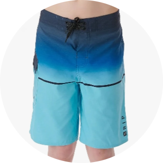 Blue gradient swim trunks with black drawstring and side pocket. Ideal for swimming and water activities, offering comfort and style.