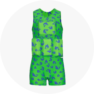 Green children's swim vest with blue dolphin pattern, designed for safety and comfort. Ideal for swimming lessons and pool activities.