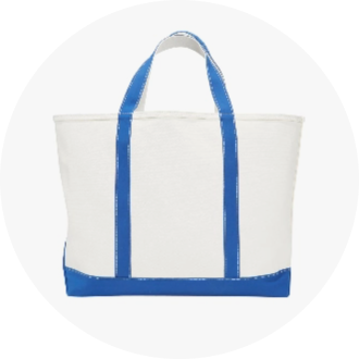 White canvas tote bag with blue handles and trim, ideal for carrying swim gear. Durable and spacious, perfect for swimmers and beachgoers.