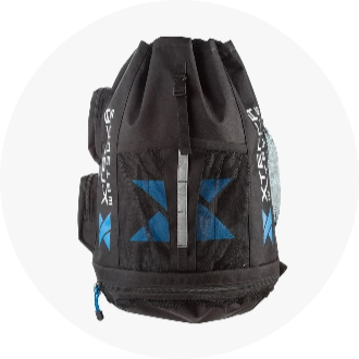 Black and blue drawstring backpack featuring multiple compartments and mesh side pockets, ideal for swimmers. The bag has "X" logos and is designed for carrying swim gear.