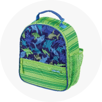 Green and blue kids' backpack with shark pattern, featuring a front pocket and side mesh pocket. Ideal for carrying swim gear and accessories.