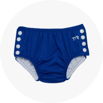 Blue swim diaper with white snap buttons on the sides, suitable for infant and toddler swimming. The diaper features a soft inner lining for comfort and a secure fit for water activities.