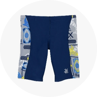 Men's swim jammers with a navy blue front and patterned side panels in blue, gray, and yellow. Ideal for competitive swimming, these jammers offer a blend of style and performance.