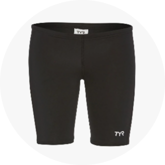 Black men's swim jammers with a white logo on the left thigh. Ideal for competitive swimming, providing a snug fit and streamlined performance.