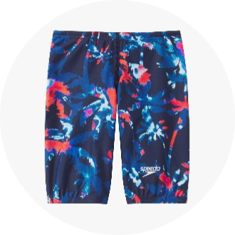 Men's swim jammers with a vibrant blue and red abstract pattern. Ideal for competitive swimming and training sessions.