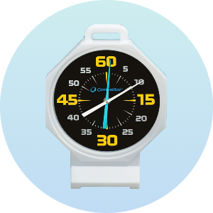 Swimming pace clock with a white frame and black dial featuring yellow and white numbers. Ideal for timing laps and improving swim training efficiency.