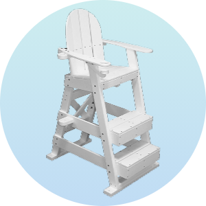 White lifeguard chair with three steps and armrests, ideal for poolside safety. Durable construction suitable for outdoor use at swimming pools and aquatic facilities.