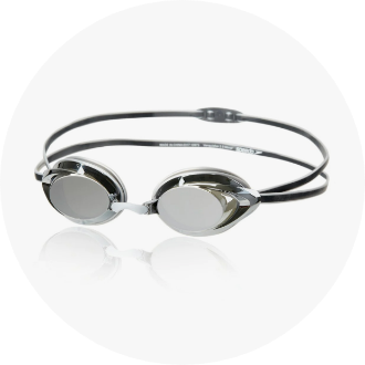 High-performance swim goggles with mirrored lenses and an adjustable double strap, ideal for competitive swimming and training sessions. These sleek, low-profile goggles provide a secure fit and reduce glare for clear underwater vision.