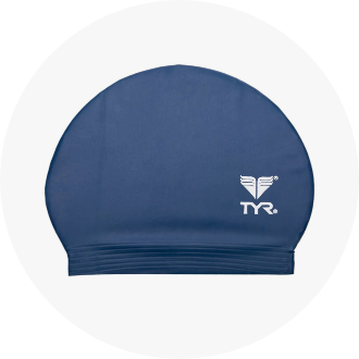 Navy blue silicone swim cap with a white logo on the side. Ideal for competitive swimming, providing a secure and comfortable fit.