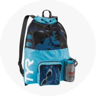 Blue mesh swim backpack with multiple compartments, featuring a front pocket holding goggles and a side mesh bottle holder. Ideal for carrying swimming gear and accessories.