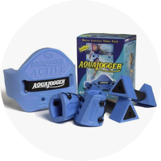 AquaJogger water exercise value pack featuring a blue flotation belt, hand weights, and footgear for aquatic workouts. Ideal for low-impact water aerobics and fitness routines.