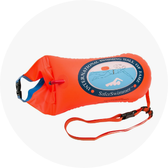 Bright orange swim buoy with a strap, featuring the "International Swimming Hall of Fame" logo and "SafeSwimmer" text. Ideal for open water swimming safety and visibility.