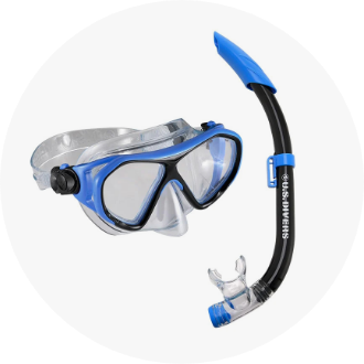 Blue and black snorkel set featuring a clear diving mask with adjustable straps and a matching snorkel with a blue mouthpiece, labeled "U.S. Masters Swimming." Ideal for snorkeling and underwater exploration.