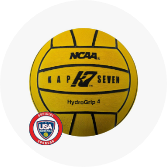 Yellow HydroGrip 4 water polo ball with black lines and text, featuring the NCAA and USA Water Polo logos. Ideal for competitive water polo training and matches.