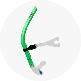 Green swimming snorkel with a clear mouthpiece and adjustable strap for a secure fit. Ideal for swim training and improving breathing techniques.