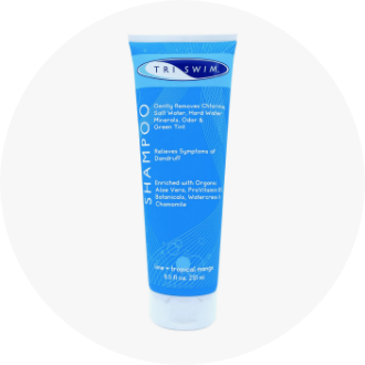 Blue tube of swimmer's shampoo that gently removes chlorine, salt water, and hard water minerals. Enriched with organic aloe vera, pro-vitamin B5, and botanical extracts for hair care.