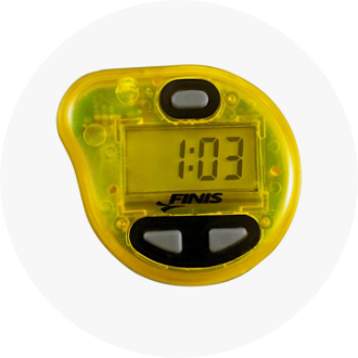 Yellow waterproof swim timer with a digital display showing "1:03" and three control buttons. Ideal for competitive swimmers to track lap times and improve performance.