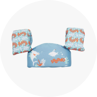 Children's swim float with shark design and attached arm bands, featuring a blue and orange aquatic theme. Ideal for water safety and learning to swim.