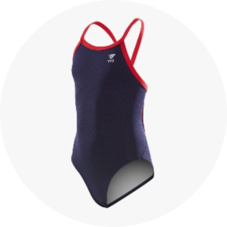 Women's competitive swimsuit with thin red straps and a navy blue body, featuring a textured fabric for enhanced performance. Ideal for swimming training and competitions.