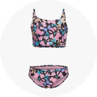 Women's two-piece swimsuit with a colorful floral pattern, featuring a cropped tank top and matching bikini bottoms. Ideal for competitive swimming and leisure at the beach or pool.