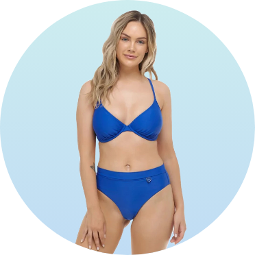 Woman wearing a blue bikini set with a scoop neck top and high-waisted bottoms. The swimwear is designed for comfort and style, ideal for swimming and beach activities.