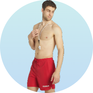 Male model wearing red swim trunks and a whistle lanyard, representing lifeguard swimwear. The swim trunks are ideal for swimming and lifeguard duties.