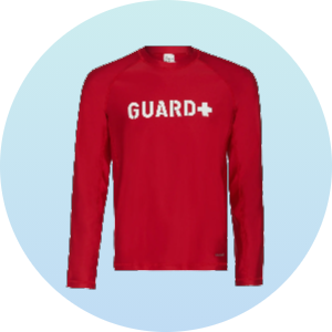 Red long-sleeve shirt with "GUARD+" text on the front. Ideal for lifeguards and water safety personnel.