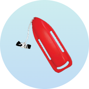 Red lifeguard rescue tube with white rope and black handles, designed for water safety and emergency situations. Ideal for lifeguards and water rescue operations.