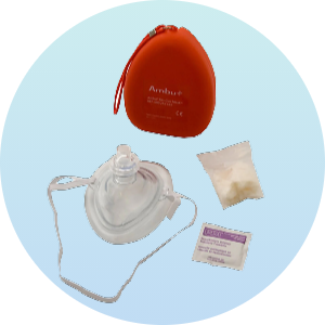 CPR mask kit with a transparent face shield, orange carrying case, and additional accessories including a pair of gloves and a cleaning wipe. Essential for emergency response and first aid.