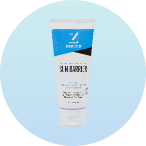 Water-resistant sunscreen lotion in a white and blue tube labeled "Sun Barrier." Ideal for swimmers and outdoor athletes, providing broad-spectrum SPF 45 protection.