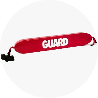 Red lifeguard rescue tube with "GUARD" printed in white text, featuring black straps on both ends. Ideal for lifeguard equipment and water safety.