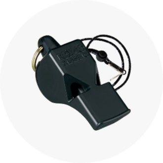 Black sports whistle with a lanyard attached, perfect for swimming coaches and officials. Durable and reliable for effective communication during training and competitions.