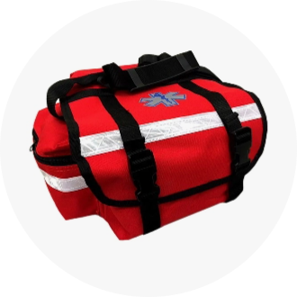 Red emergency medical kit bag with black straps and a blue medical symbol. Ideal for swimming events and outdoor activities, ensuring safety and preparedness.