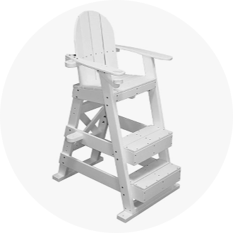 White lifeguard chair with armrests and two steps, designed for poolside or beach use. Durable and sturdy construction for enhanced safety and visibility. Ideal for lifeguards to oversee swimmers effectively.