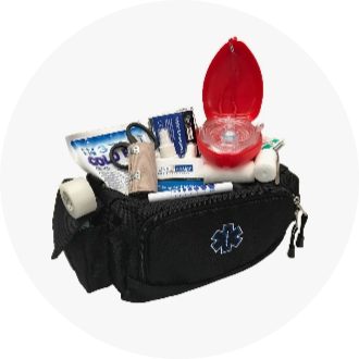 First aid kit with various medical supplies including bandages, antiseptic wipes, and scissors. Compact and portable design with a black zippered pouch featuring a medical cross symbol.