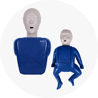 Adult and infant CPR training manikins with blue torsos and white heads, used for lifesaving practice and emergency response training.