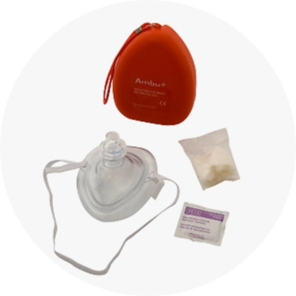 CPR mask kit with a transparent face shield, red carrying case, alcohol prep pad, and a pair of gloves. Essential first aid equipment for emergency respiratory support.