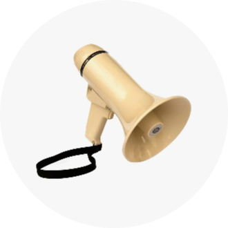 Beige handheld megaphone with a black strap, ideal for events and outdoor activities. Sturdy design with a wide mouthpiece for clear sound projection.