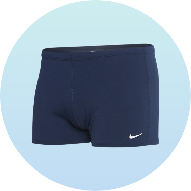 Men's navy blue swim trunks with a fitted design, featuring a small white logo on the left leg. Ideal for competitive swimming and training sessions.