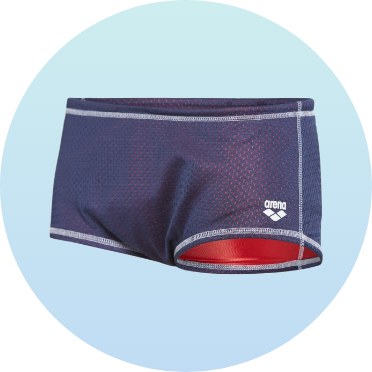 Men's swim trunks in navy blue with red accents, featuring a sleek design and comfortable fit. Ideal for competitive swimming and training sessions.