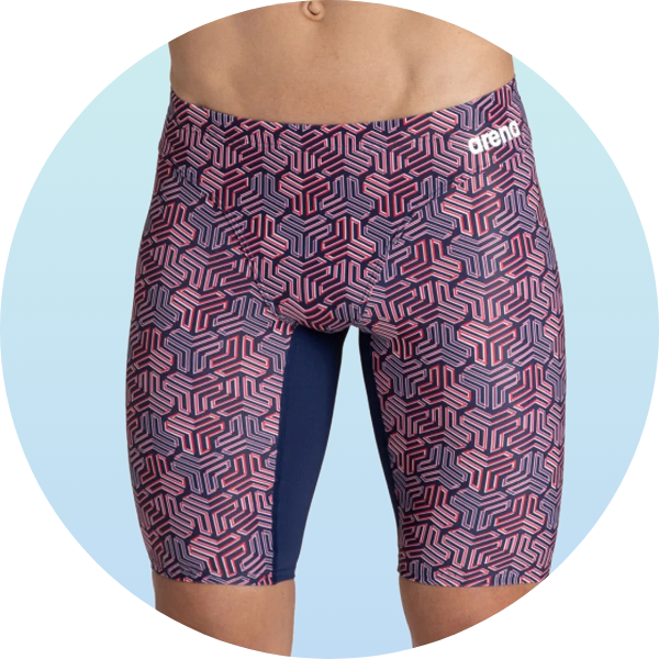 Men's swim jammers with a geometric pattern in pink and blue, featuring a logo on the waistband. Ideal for competitive swimming and training sessions.