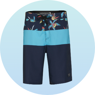 Men's swim trunks with a floral and blue color block design. Features a drawstring waist for adjustable fit. Ideal for swimming and beach activities.