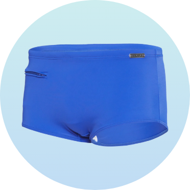 Blue men's swim trunks with a side pocket, designed for competitive swimming. Ideal for training and performance, featuring a sleek and comfortable fit.