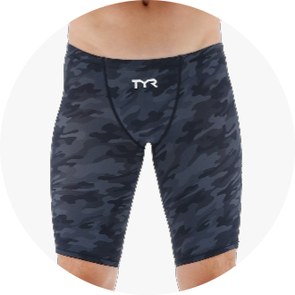 Men's swimming jammers in a dark camouflage pattern, featuring a snug fit ideal for competitive swimming. The swimwear showcases a prominent brand logo on the front.