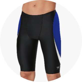 Men's competitive swim jammers in black with blue and white side panels. Ideal for professional and amateur swimmers seeking performance swimwear.