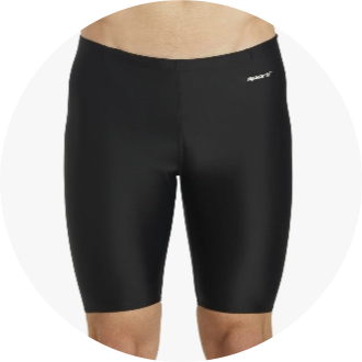 Men's black jammer swim shorts, designed for competitive swimming. The shorts are made from a sleek, high-performance fabric for optimal speed and comfort in the water.