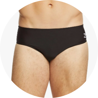 Men's black swim brief featuring a snug fit and a minimalist design, ideal for competitive swimming. The swimwear showcases a small logo on the side.