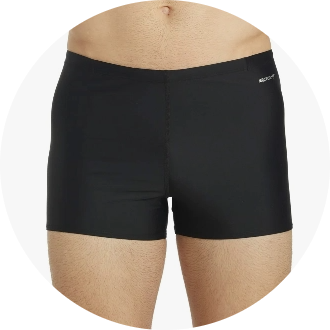 Men's black swim trunks, featuring a snug fit and smooth fabric, ideal for competitive swimming and training.