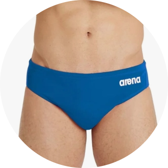 Blue men's swim brief with a snug fit, featuring the "arena" logo on the front. Ideal for competitive swimming and training sessions.